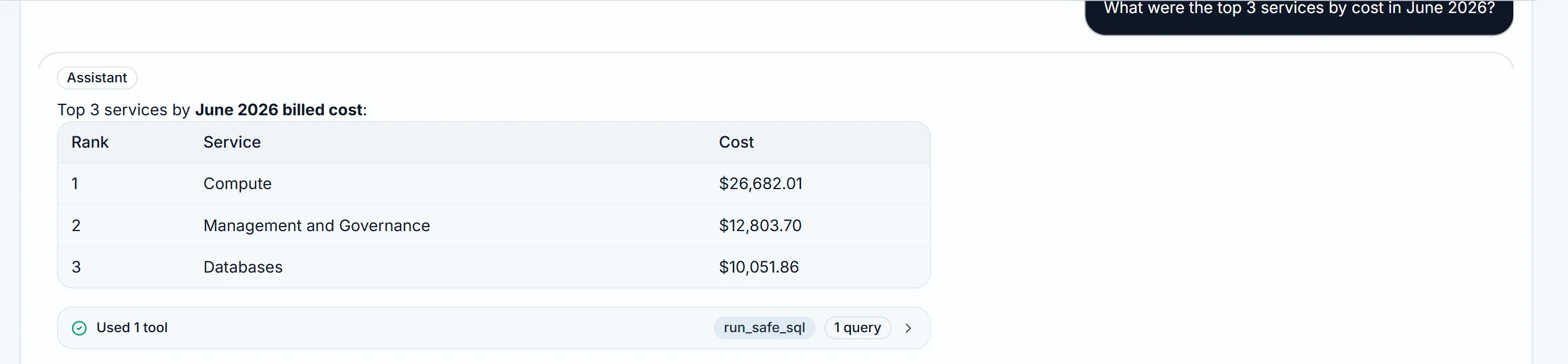 The app's Chat page answering "What were the top 3 services by cost in June 2026?" with a ranked table of the three services and a run_safe_sql tool chip showing the query it ran.