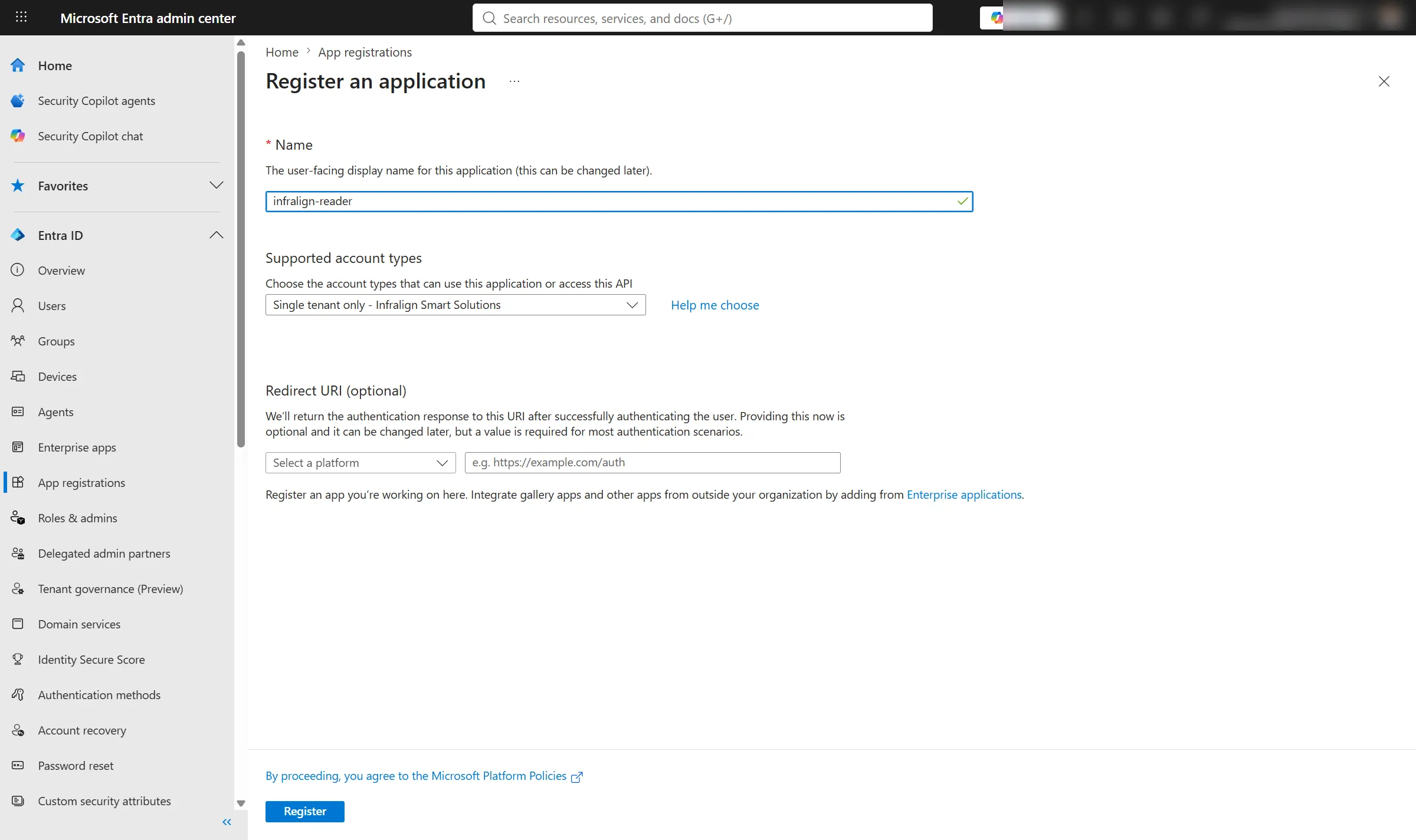 Register an application form with the name infralign-reader entered, single tenant selected, and the redirect URI left empty