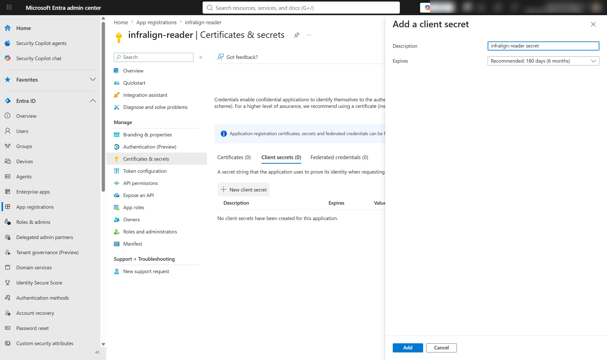 Add a client secret panel with a description entered and an expiry selected