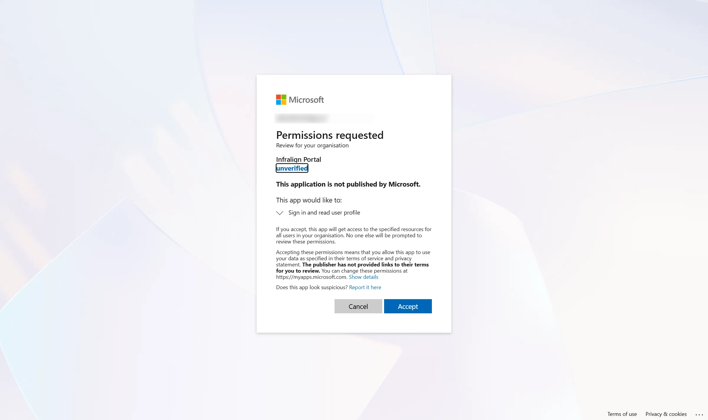 Microsoft Entra admin-consent dialog for the Infralign Portal application, requesting the Sign in and read user profile permission