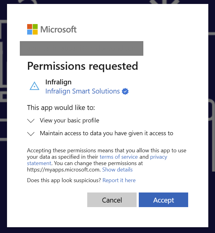 Microsoft Entra consent dialog. It requests two permissions for the Infralign app: view your basic profile, and maintain access to data you have given it access to. The publisher reads Infralign Smart Solutions with the blue verified-publisher checkmark.